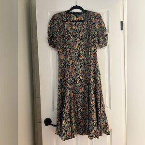 Polo by Ralph Lauren Black Floral Midi Dress with Red & Yellow Flowers